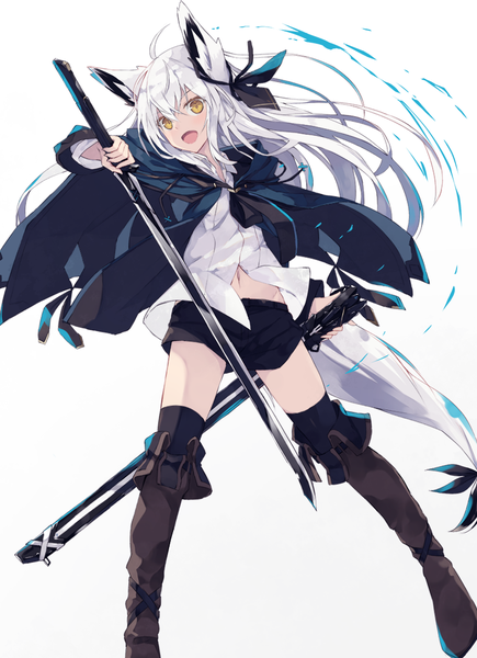 Anime picture 776x1070 with original nagishiro mito single long hair tall image looking at viewer blush fringe open mouth simple background smile hair between eyes standing white background holding animal ears yellow eyes ahoge white hair tail