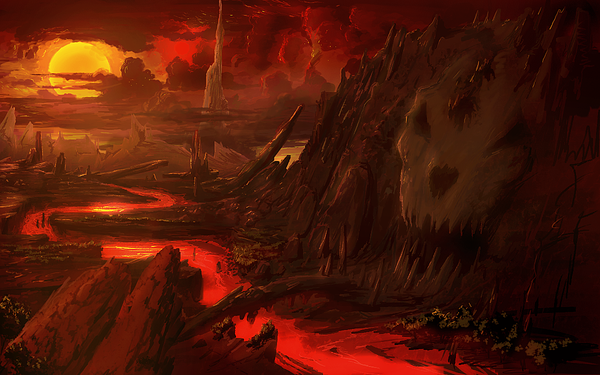 Anime picture 1200x750 with original bibi dos ventos (artist) wide image cloud (clouds) evening sunset red background landscape river rock lava skull sun