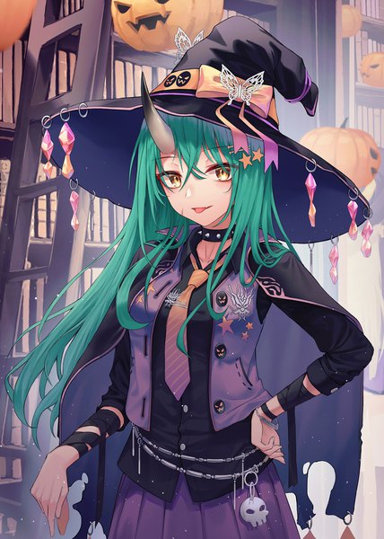 Anime picture 1500x2100 with arknights hoshiguma (arknights) myung yi single long hair tall image looking at viewer blush fringe hair between eyes standing yellow eyes indoors pleated skirt horn (horns) green hair open clothes fang (fangs) hand on hip halloween