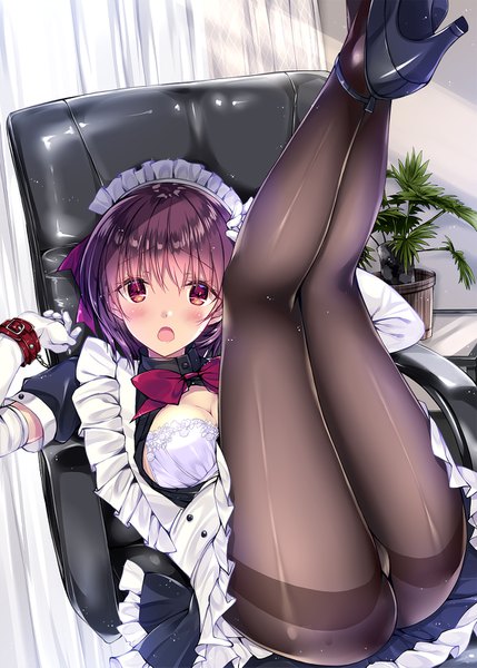 Anime picture 1110x1553 with original kobayashi chisato single tall image looking at viewer blush fringe short hair breasts light erotic hair between eyes red eyes brown hair cleavage ass indoors open clothes :o maid high heels