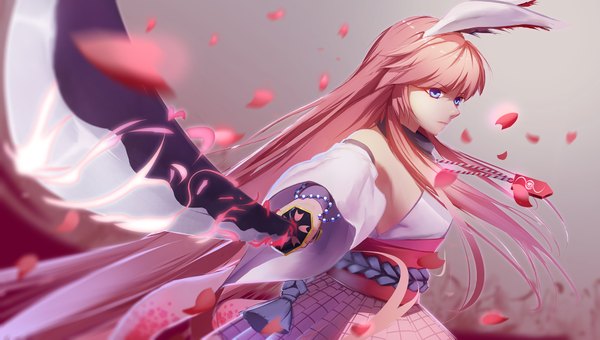 Anime picture 1920x1088 with benghuai xueyuan honkai (series) yae sakura yuuta (806350354) single fringe highres blue eyes wide image holding animal ears looking away very long hair traditional clothes japanese clothes wind grey background wide sleeves bunny ears girl