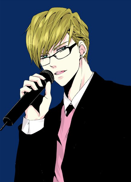Anime picture 1000x1384 with 3 majesty kirishima tsukasa machida-machiko single tall image looking at viewer fringe short hair open mouth simple background blonde hair hair between eyes holding green eyes upper body blue background singing boy earrings glasses