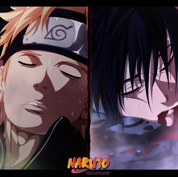 Anime picture 2466x2451 with naruto studio pierrot naruto (series) uzumaki naruto uchiha sasuke salim202 highres short hair black hair blonde hair eyes closed inscription coloring facial mark close-up multiview whisker markings jinchuriki manga boy