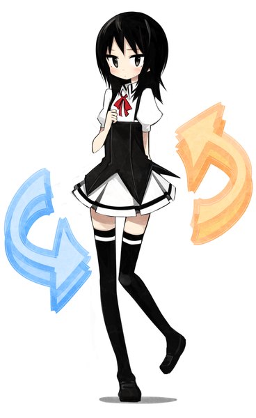 Anime picture 1275x2077 with original morina nao single long hair tall image looking at viewer blush black hair standing white background black eyes girl thighhighs skirt bow black thighhighs miniskirt directional arrow