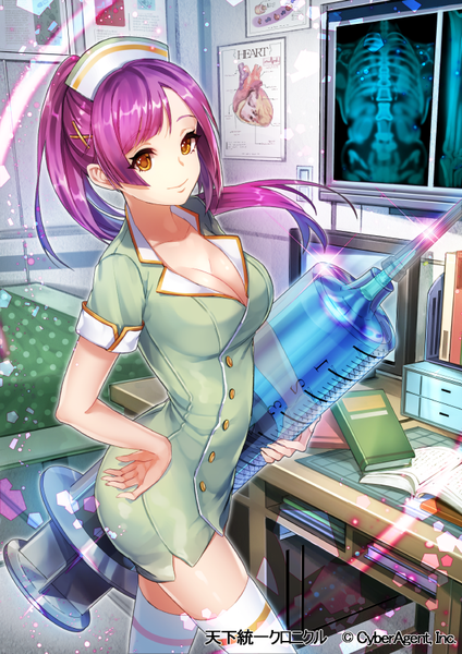 Anime picture 600x849 with tenka touitsu chronicle interitio single long hair tall image fringe breasts large breasts standing cleavage purple hair ponytail indoors light smile wind inscription official art short sleeves hand on hip shiny skin