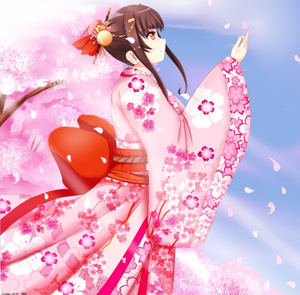 Anime picture 3048x3000 with original chiyo goya single long hair highres red eyes brown hair absurdres sky long sleeves japanese clothes profile girl hair ornament bow plant (plants) petals tree (trees) kimono