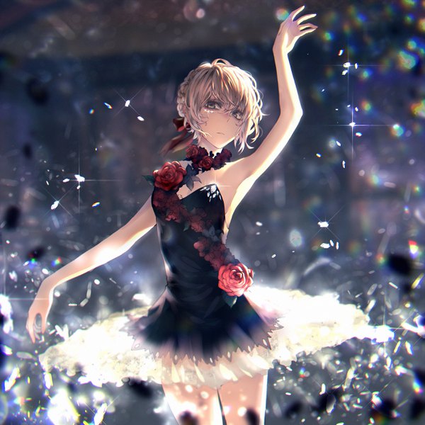 Anime picture 2500x2500 with fate (series) fate/grand order fate/stay night artoria pendragon (all) saber saber alter 23i2ko single looking at viewer fringe highres short hair blue eyes blonde hair hair between eyes standing cleavage braid (braids) arm up blurry