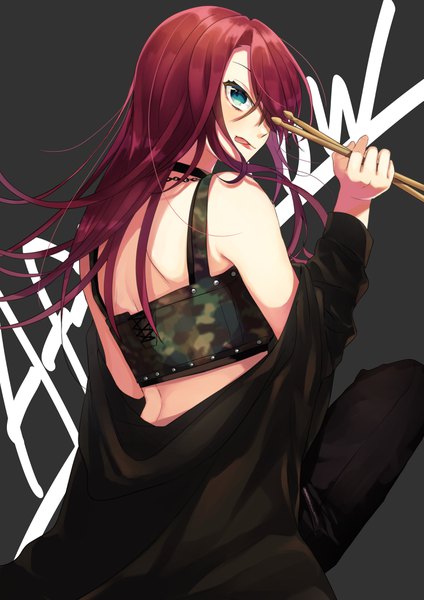 Anime picture 2894x4093 with bang dream! udagawa tomoe shinotarou (nagunaguex) single long hair tall image looking at viewer blush fringe highres holding red hair looking back aqua eyes from behind hair over one eye text black background camouflage girl