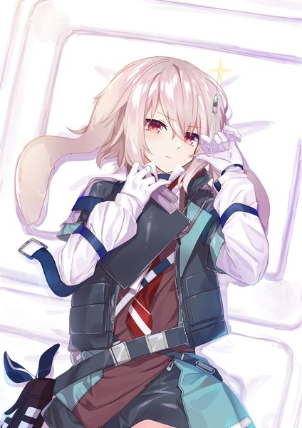Anime picture 849x1200 with arknights ansel (arknights) nyori single tall image fringe short hair hair between eyes red eyes animal ears silver hair lying on back bunny ears boy gloves white gloves vest syringe clipboard