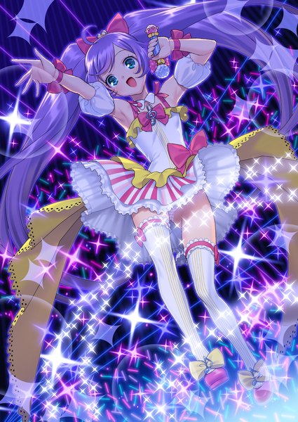 イラスト 1031x1457 と プリパラ プリティーシリーズ 真中らぁら 鈴眼依縫 ソロ 長髪 長身像 開いた口 青い目 light erotic ツインテール purple hair パンチラ lens flare 女の子 ストッキング ドレス 下着 パンティー ちょう結び