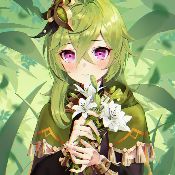 Anime picture 1500x1500 with genshin impact collei (genshin impact) cavcaz single long hair looking at viewer blush fringe smile hair between eyes purple eyes holding upper body outdoors long sleeves green hair girl hair ornament flower (flowers) detached sleeves