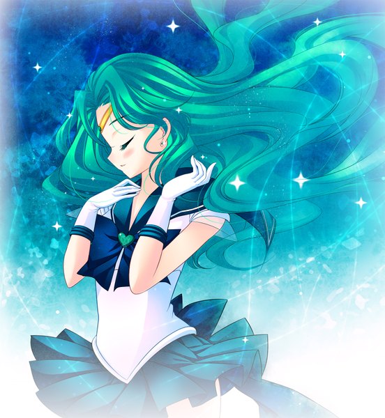 Anime picture 1612x1753 with bishoujo senshi sailor moon toei animation kaiou michiru sailor neptune akao (artist) single long hair tall image blush eyes closed green hair girl gloves earrings sailor suit