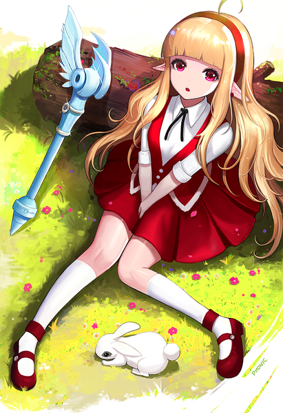 Anime picture 800x1166 with dungeon and fighter phonic single long hair tall image looking at viewer fringe open mouth blonde hair sitting signed full body ahoge blunt bangs pleated skirt pink eyes from above pointy ears sunlight :o