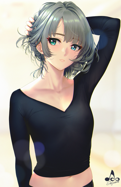 Anime picture 1200x1855 with idolmaster idolmaster cinderella girls takagaki kaede infinote single tall image blush fringe short hair blue eyes simple background signed looking away upper body arm up aqua eyes grey hair mole midriff hair bun (hair buns)