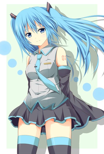 Anime picture 1500x2220 with vocaloid hatsune miku hyurasan single long hair tall image looking at viewer blue eyes twintails blue hair zettai ryouiki girl thighhighs black thighhighs detached sleeves necktie