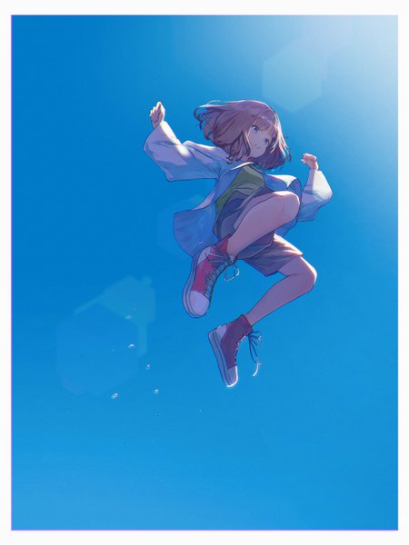 Anime picture 2304x3072 with original n.s single tall image highres short hair blue eyes brown hair looking away sky full body from below lens flare border jumping girl shoes shorts sneakers
