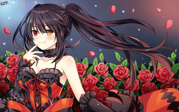 Anime picture 1920x1200 with date a live tokisaki kurumi lewdkuma single long hair blush fringe highres breasts black hair smile hair between eyes red eyes standing twintails bare shoulders signed yellow eyes payot looking away