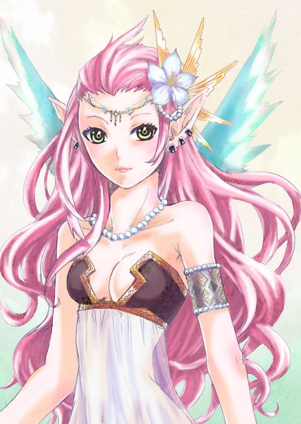 Anime picture 1047x1470 with original kurokingyo (artist) single long hair tall image looking at viewer breasts bare shoulders green eyes pink hair hair flower pointy ears piercing girl hair ornament wings jewelry beads