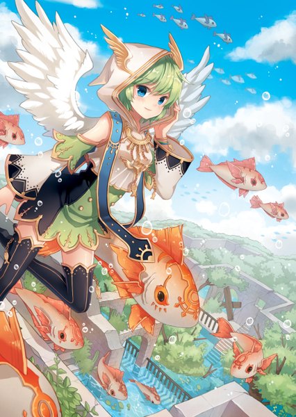 Anime picture 900x1266 with original diten tall image short hair blue eyes sky cloud (clouds) green hair girl thighhighs dress plant (plants) detached sleeves wings tree (trees) hood fish (fishes)