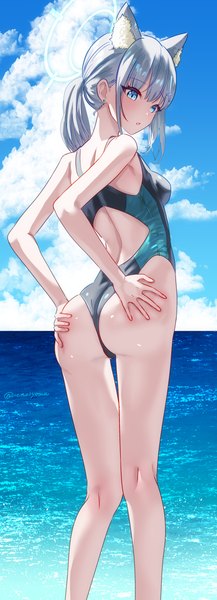 Anime picture 621x1720 with blue archive shiroko (blue archive) shiroko (swimsuit) (blue archive) uenoryoma single long hair tall image blush fringe breasts open mouth blue eyes light erotic standing animal ears payot looking away sky silver hair cloud (clouds)