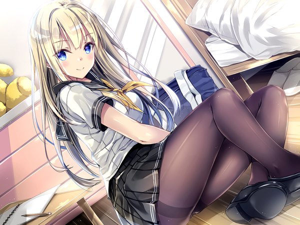 Anime picture 1599x1200 with original kobayashi chisato single long hair looking at viewer blush fringe blue eyes light erotic blonde hair smile sitting girl skirt uniform miniskirt pantyhose serafuku black pantyhose bed