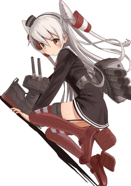 Anime picture 1200x1697 with kantai collection amatsukaze destroyer rensouhou-kun mocha (snowflake) single long hair tall image looking at viewer blush simple background white background brown eyes silver hair two side up kneeling girl thighhighs dress hair ornament hat