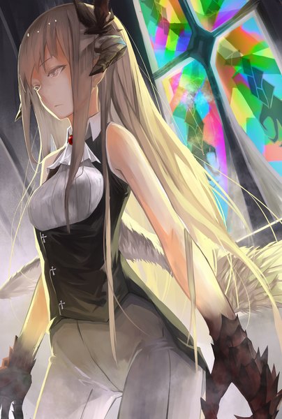 Anime picture 1200x1778 with original ghostas long hair tall image blonde hair bare shoulders looking away horn (horns) grey eyes demon girl girl window claws stained glass