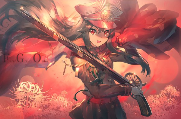 Anime picture 1000x657 with fate (series) fate/grand order koha-ace oda nobunaga (fate) (all) oda nobunaga (fate) yoshimoto (dear life) single long hair fringe open mouth black hair hair between eyes red eyes upper body copyright name shaded face military weapon over shoulder girl uniform