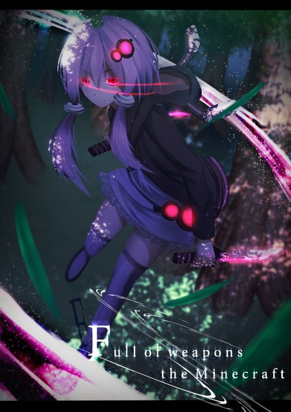 Anime picture 1414x2000 with vocaloid yuzuki yukari kagayan1096 single long hair tall image looking at viewer fringe twintails holding purple hair pink eyes open clothes open jacket zettai ryouiki low twintails glowing letterboxed glowing eye (eyes) glowing weapon