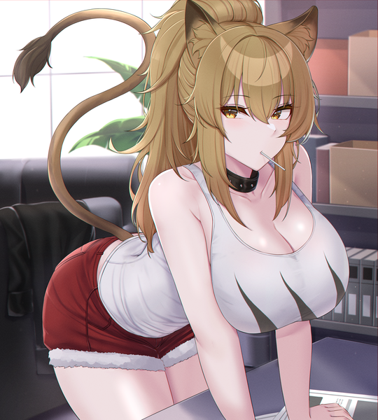 Anime picture 4217x4685 with arknights siege (arknights) kanta (kanta 077) single long hair tall image blush fringe highres breasts light erotic hair between eyes brown hair large breasts standing holding brown eyes animal ears payot looking away
