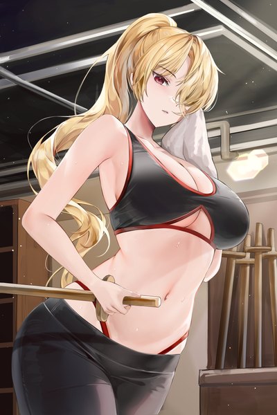 Anime picture 4000x6000 with original lillly single long hair tall image looking at viewer fringe highres breasts light erotic blonde hair red eyes standing holding absurdres cleavage ponytail indoors parted lips arm up