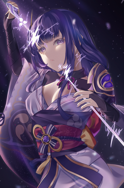 Anime picture 2700x4093 with genshin impact raiden shogun suzu (user kdex8732) single long hair tall image looking at viewer highres breasts light erotic purple eyes purple hair nail polish traditional clothes japanese clothes electricity purple nail polish girl kimono obi