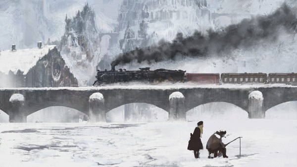 Anime picture 1200x675 with original you shimizu long hair wide image sitting holding leaning leaning forward city smoke fishing girl boy castle winter clothes bridge ice train fishing rod
