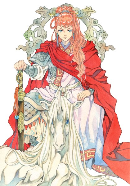 Anime picture 907x1300 with twelve kingdoms nakajima youko keiki agahari single long hair tall image looking at viewer blue eyes simple background white background sitting pink hair ponytail wavy hair traditional media watercolor (medium) girl hair ornament weapon