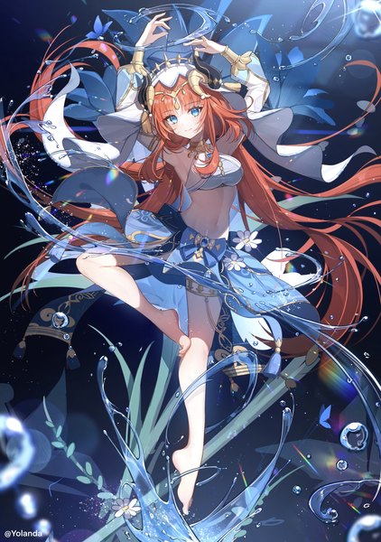 Anime picture 2874x4083 with genshin impact nilou (genshin impact) yolanda single tall image fringe highres blue eyes smile twintails signed full body red hair blunt bangs very long hair traditional clothes barefoot horn (horns) bare legs midriff