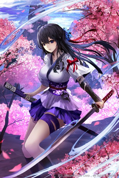 Anime-Bild 666x1000 mit age of ishtaria wanke single long hair tall image looking at viewer fringe breasts blue eyes black hair hair between eyes holding sky cloud (clouds) ahoge bent knee (knees) pleated skirt hair flower cherry blossoms watermark