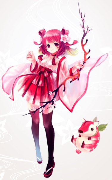Anime picture 694x1106 with original qiuping (akhrnine) single tall image looking at viewer blush fringe short hair simple background smile red eyes standing white background holding pink hair full body traditional clothes japanese clothes multicolored hair hair flower
