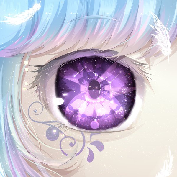 Anime-Bild 1024x1024 mit original meiya (dia douya) single looking at viewer fringe purple eyes purple hair multicolored hair aqua hair two-tone hair tattoo close-up pale skin constellation girl star (stars) feather (feathers) eye