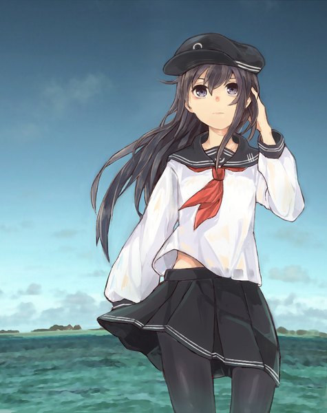 Anime picture 792x1000 with kantai collection ashisuka single long hair tall image looking at viewer fringe brown hair standing sky pleated skirt wind grey eyes adjusting hair girl skirt uniform school uniform sea cap