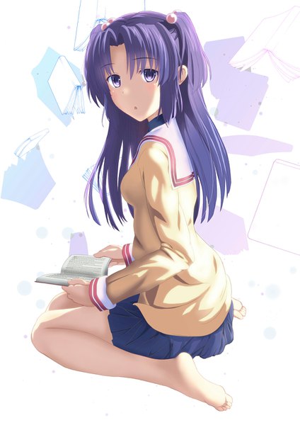 Anime picture 1050x1485 with clannad key (studio) ichinose kotomi ichi-gen a chord single long hair tall image looking at viewer blush open mouth sitting holding payot full body parted lips pleated skirt looking back barefoot bare legs