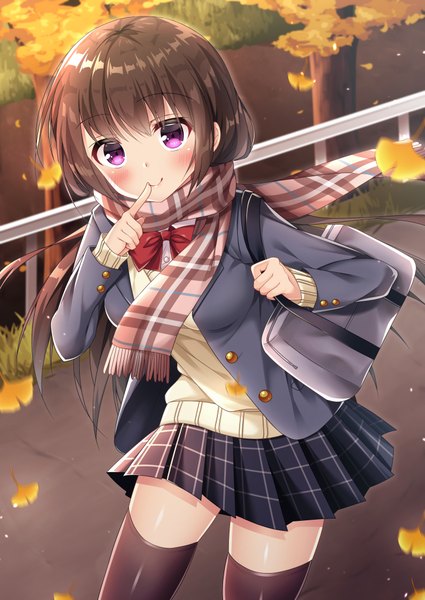 Anime picture 724x1023 with original fujikura ryuune single long hair tall image looking at viewer blush fringe smile brown hair purple eyes outdoors from above zettai ryouiki finger to mouth plaid skirt autumn girl thighhighs skirt