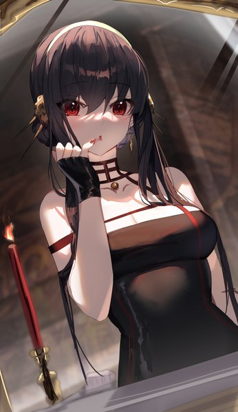 Anime picture 3101x5381 with spy x family yor briar shanguier single long hair tall image looking at viewer fringe highres black hair hair between eyes red eyes absurdres cleavage upper body :o finger to mouth girl headband candle (candles)