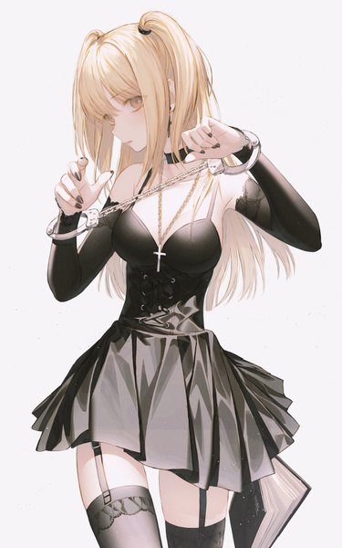 Anime picture 648x1036 with death note madhouse amane misa wanke single long hair tall image looking at viewer blush fringe breasts simple background blonde hair hair between eyes standing white background bare shoulders yellow eyes payot nail polish