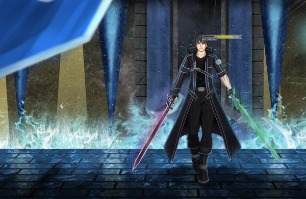 Anime picture 3500x2282 with sword art online kirigaya kazuto air monger single fringe highres short hair black hair holding absurdres indoors lips black eyes muscle walking dual wielding twisty sleeves boy gloves weapon