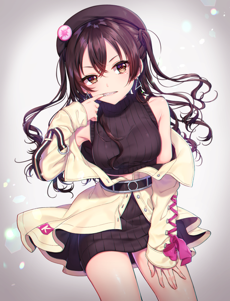 Anime picture 612x800 with idolmaster idolmaster cinderella girls sunazuka akira usano single long hair tall image looking at viewer fringe simple background hair between eyes brown hair bare shoulders brown eyes grey background two side up finger in mouth girl earrings belt