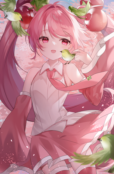 Anime picture 1200x1829 with vocaloid hatsune miku sakura miku yuni (irohasuiroiro) single tall image open mouth twintails looking away pink hair outdoors very long hair :d pink eyes wind cherry blossoms animal on shoulder bird on shoulder girl skirt