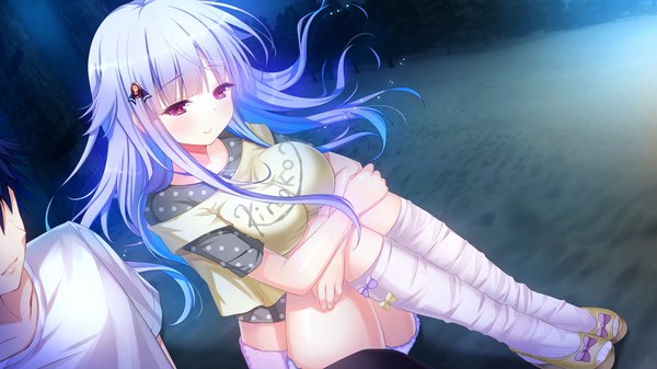 Anime picture 2560x1440 with shirogane x spirits! giga kiryuu chikage kino (kino konomi) long hair looking at viewer highres breasts light erotic smile wide image large breasts sitting purple eyes game cg grey hair night crossed arms girl boy