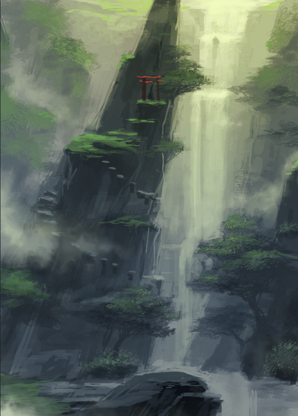 Anime picture 600x834 with original ac (eshi) tall image mountain no people river rock waterfall fog plant (plants) tree (trees) water stairs stone (stones) torii