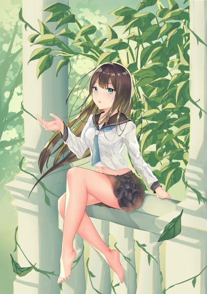 Anime picture 4008x5670 with original nekoma0116 single long hair tall image looking at viewer blush fringe highres open mouth light erotic brown hair sitting green eyes absurdres full body bent knee (knees) outdoors blunt bangs pleated skirt