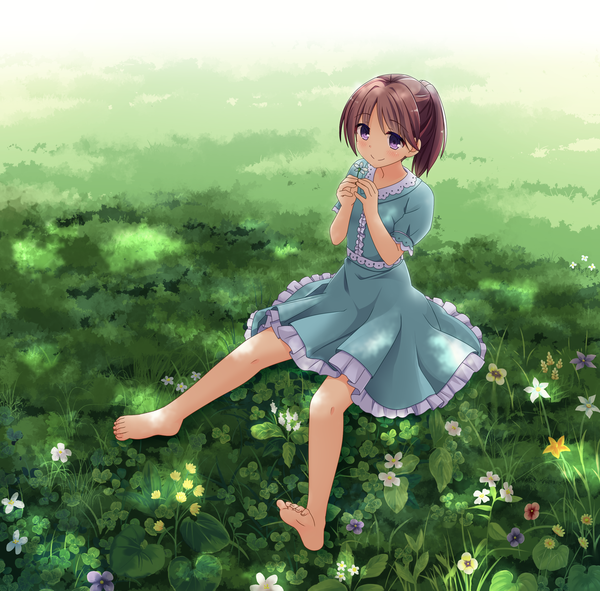 Anime picture 2887x2847 with original amamiya inari single blush highres short hair smile brown hair purple eyes ponytail barefoot girl dress flower (flowers)